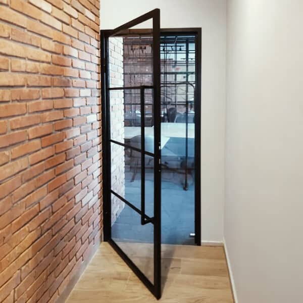 Lofttür, Industriedesign, Büro, Tür aus Glas und Schmiedeeisen für Flur, Hauseingang, Schwingtür aus Glas und Stahl